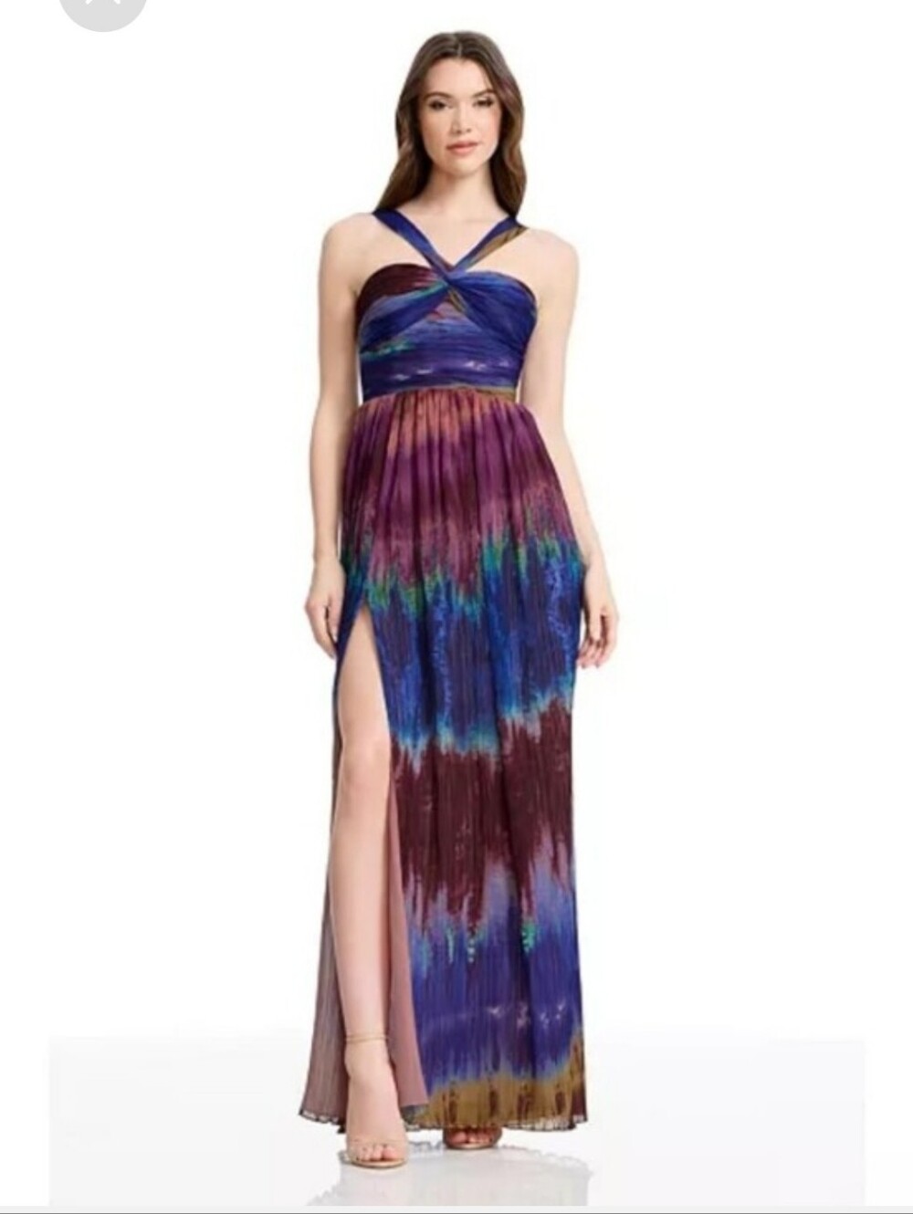 Dress The Population Multicolor Pleated Maxi Dress Large NWT Halter Formal Boho